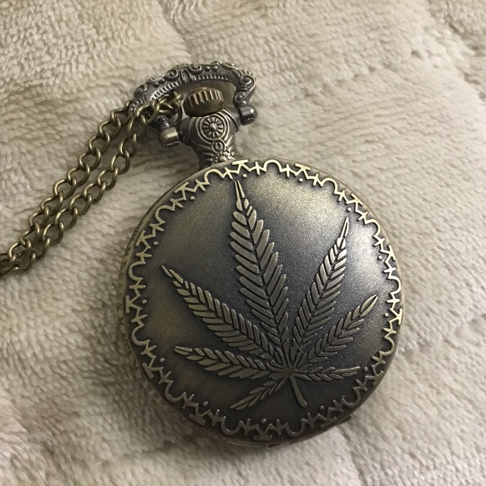 420 Cannabis Leaf Quartz Bronze Pocket Watch